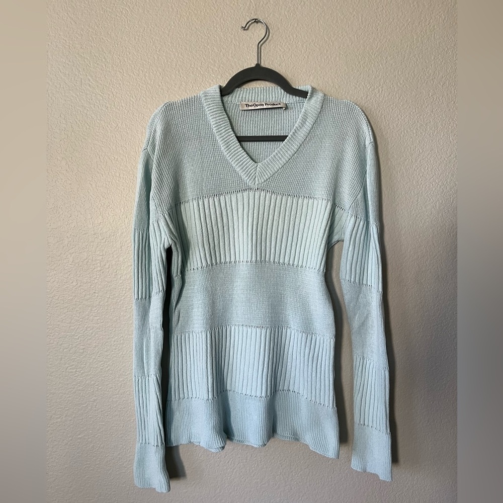 TheOpen Product Blue V Neck Ribbed Sweater Bell Sleeves Women's Size S
